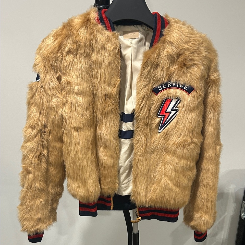 MOTHER Tan Faux Fur Bomber Jacket